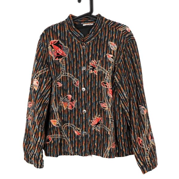 Coldwater Creek Jackets & Blazers - Floral Tapestry Jacket XL Striped Mandarin Collar Applique Boho Lagenlook Black